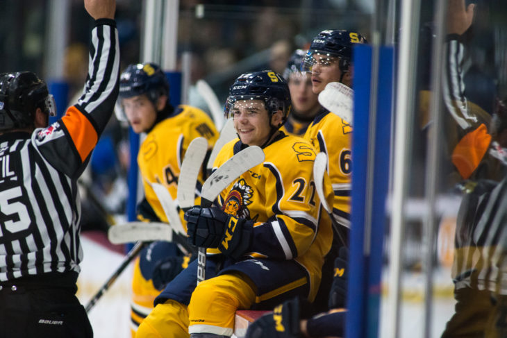 Photo: Olivier Croteau 2019/10/25 Shawinigan, Quebec Canada. Hockey LHJMQ. Les Cataractes de Shawinigan recoivent l'Oceanic de Rimouski au Centre Gervais Auto. Mavrik Bourque no22,