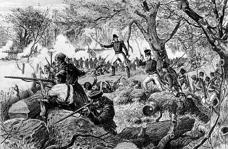 Bataille de Chateauguay, 1813 by Henri Julien (1852 - 1908). From lithograph published in Le Journal de Dimanche June 24, 1884.